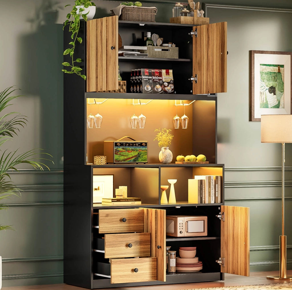 Credenza cucina 100x40x180 cm con LED; prese e portabottiglie in MDF nero e naturale