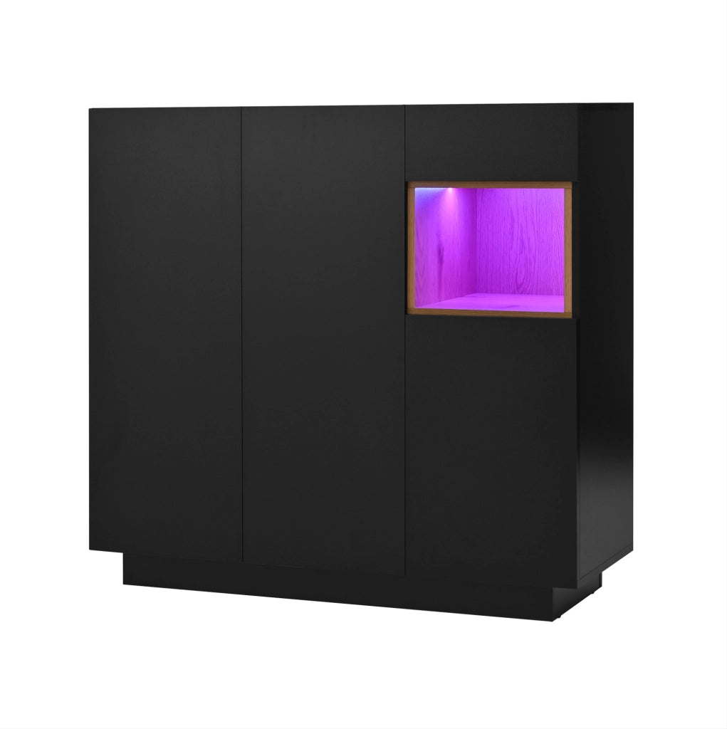 Mobile portascarpe nero e naturale con LED e ripiani regolabili