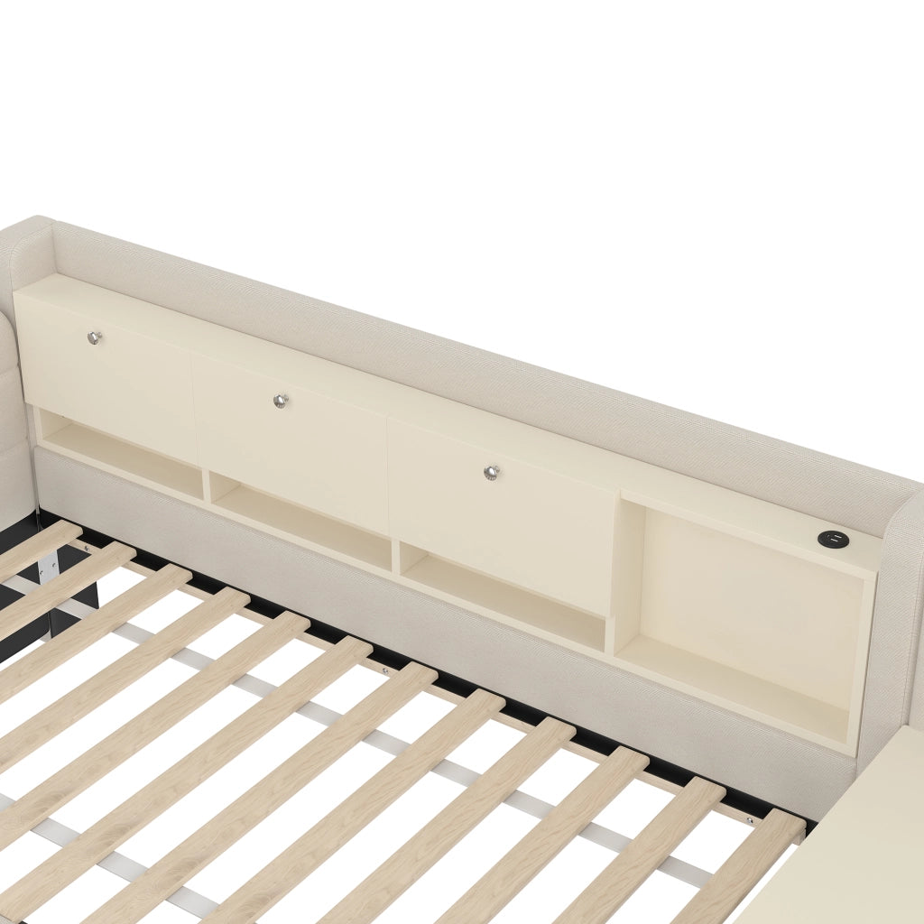 DESMIU Letto banquette 90 × 200 cm 1 posto con 2 cassetti, scrivania, USB e Type-C, senza materasso, beige