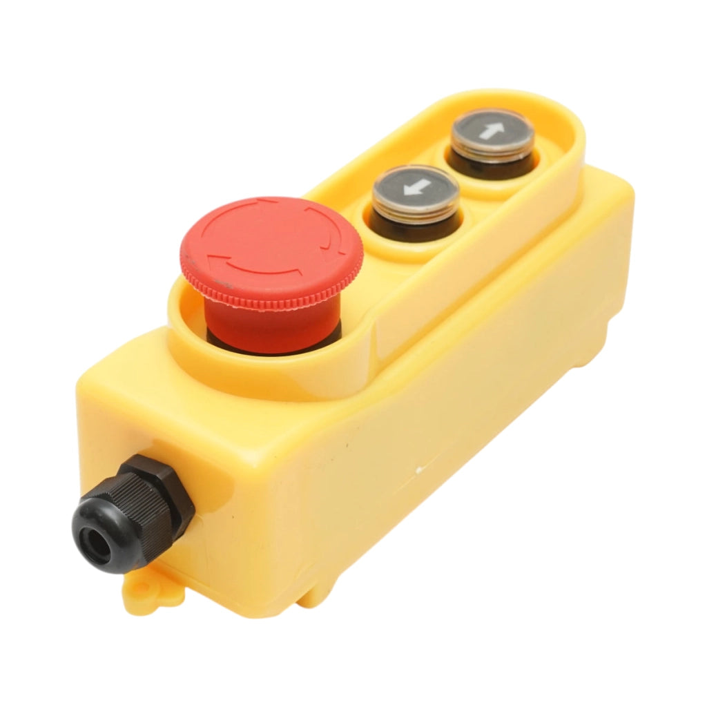 Telecomando industriale con 2 comandi, compatibile con AC 250V/5A – 500V/2A, dotato di pulsante di arresto d’emergenza. Breckner Germany