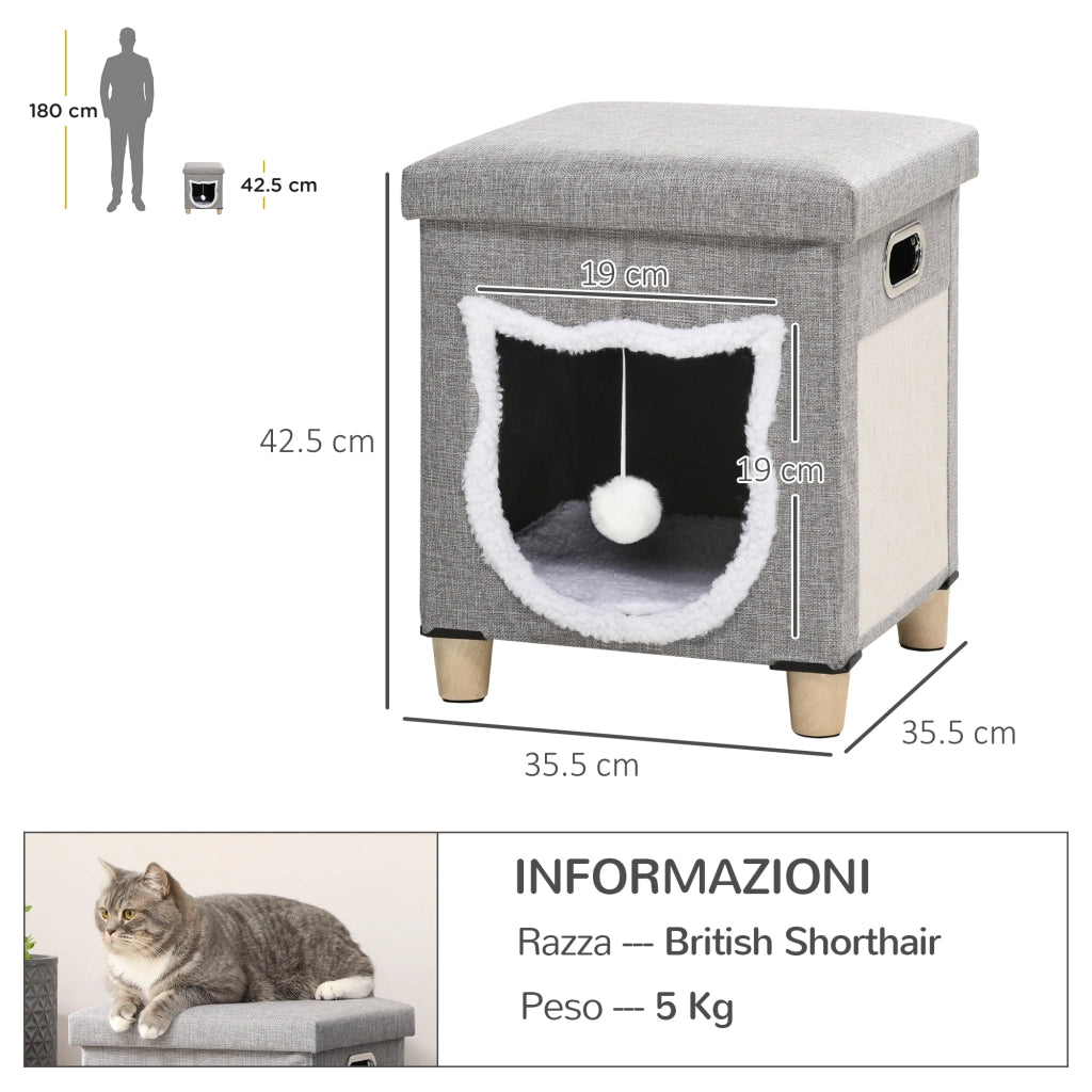 Cuccia a Casetta per Gatti 35,5x35,5x42,5 cm con Tiragraffi in MDF e Poliestere Crema e Grigio