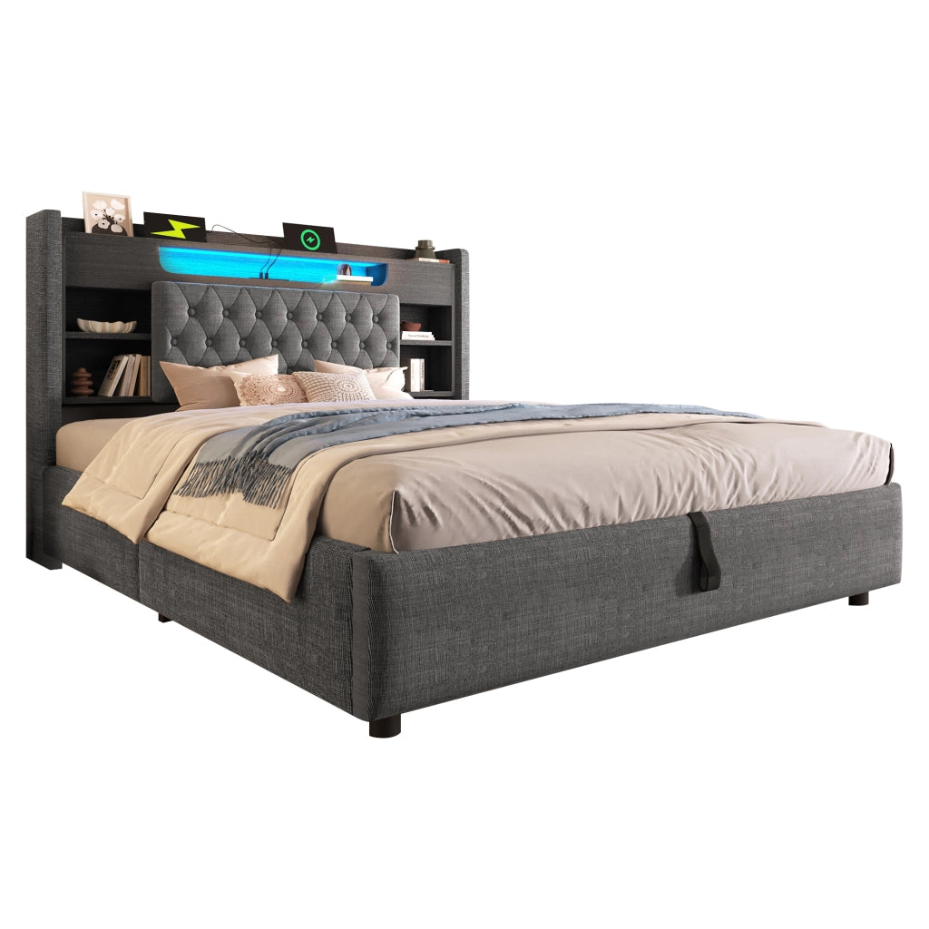 Letto imbottito 140x190 cm con contenitore idraulico, LED, porte USB e USB-C, grigio