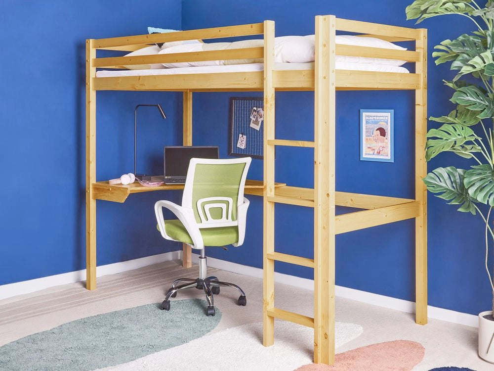 Letto singolo a soppalco in marrone chiaro 90 x 200 cm con telaio e contenitore con scrivania cameretta bambini