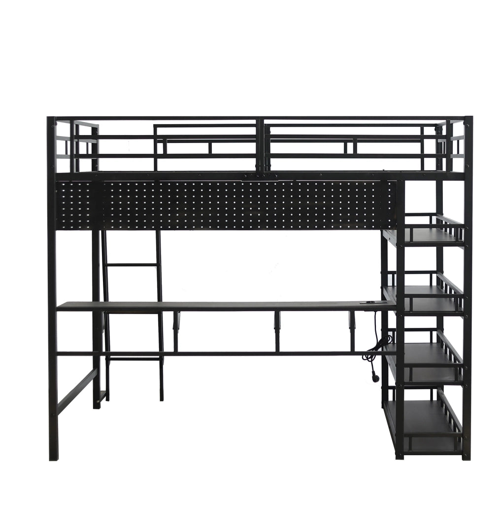 Letto a castello 140x200 cm con ripiani; grande spazio e presa di ricarica in ferro nero