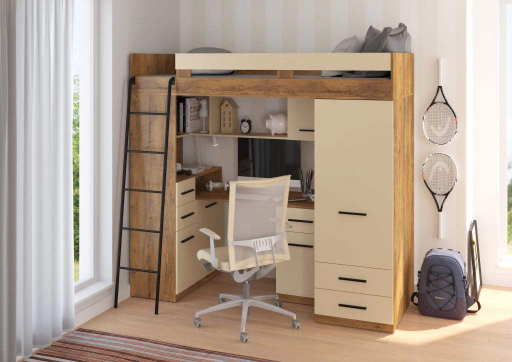 BIM Furniture letto soppalco con scrivania SMYK L cm110x204x188h Rovere scuro Crema
