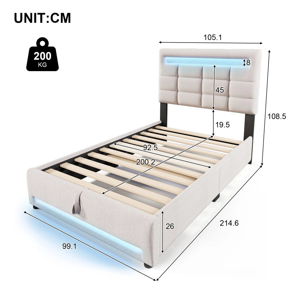 Letto Imbottito con LED e Contenitore Idraulico ¨C MINIMAL ¨C Lino Beige 90x200