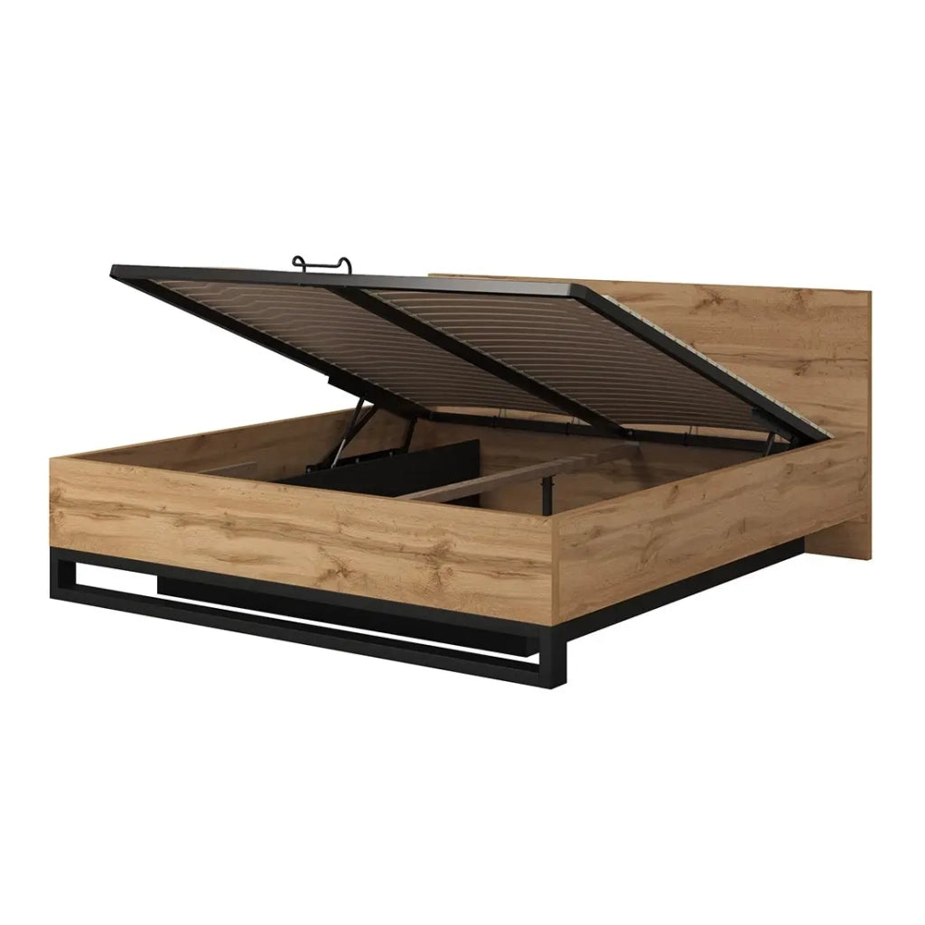 Letto contenitore 180x200 stile industriale - Collezione MILOS. Colori rovere grezzo e nero.