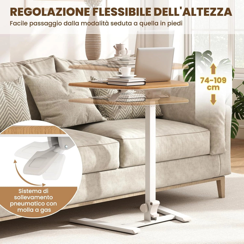 Tavolino da Letto e Divano, Tavolino Pieghevole e Regolabile in Altezza con Ruote e Piano Inclinabile a 90°, Mobile Multifunzionale e Portatile per Lavorare e Mangiare da Casa e Ufficio