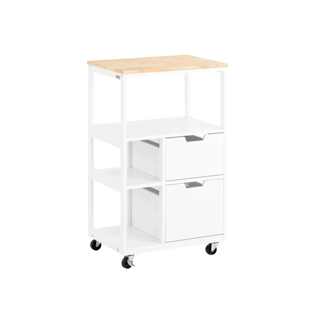 Carrello da cucina con 2 cassetti e 3 ripiani, Carrello da servizio, Carrelli portaoggetti, Bianco-Naturale 53x37x89cm FKW111-WN