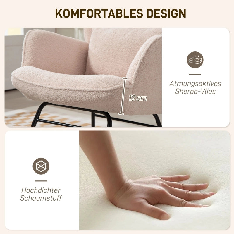 Poltrona a dondolo con poggiapiedi e cuscino schienale alto in poliestere e acciaio con gambe in legno beige