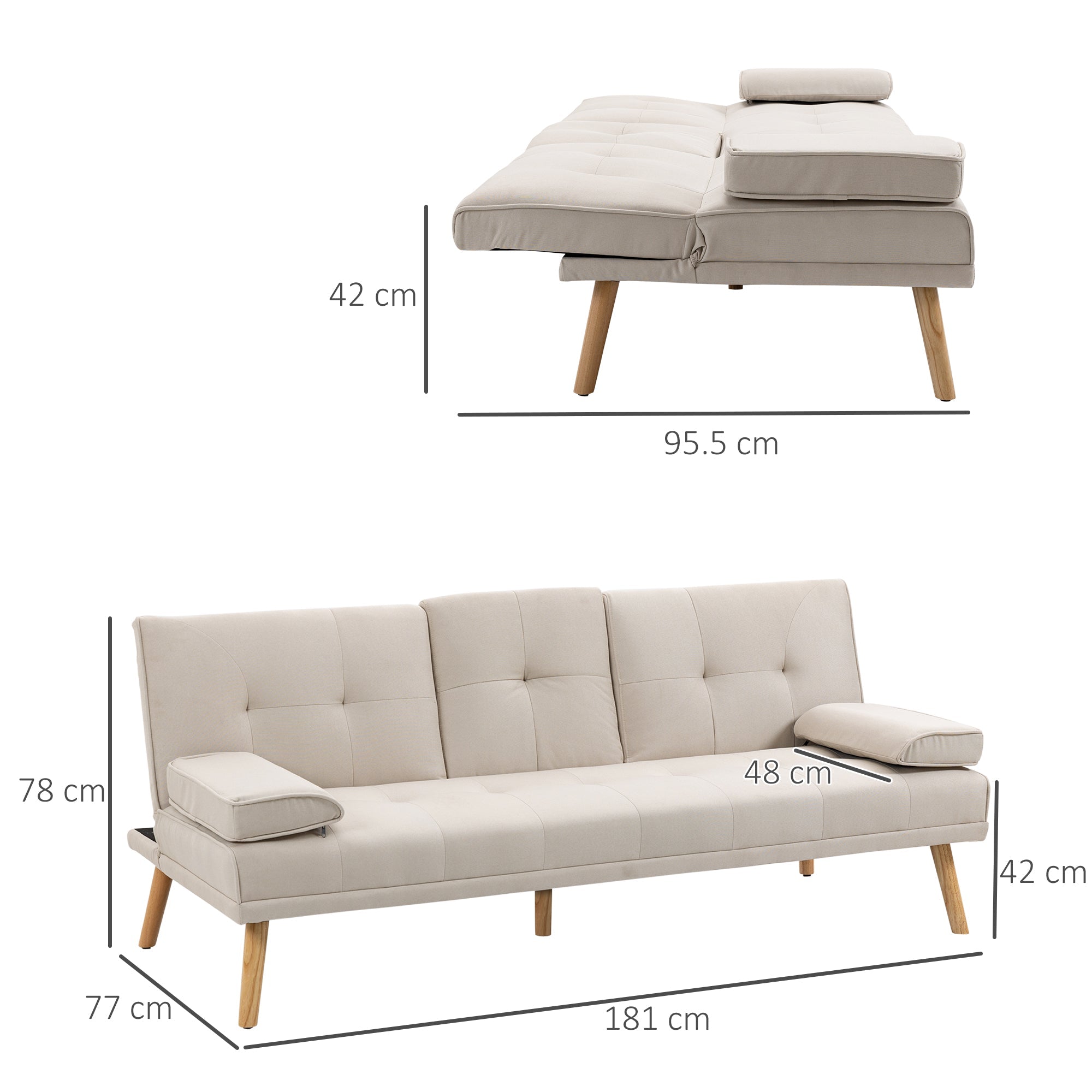 Divano Letto 3 Posti 181x77x78 cm in Tessuto Effetto Lino Beige