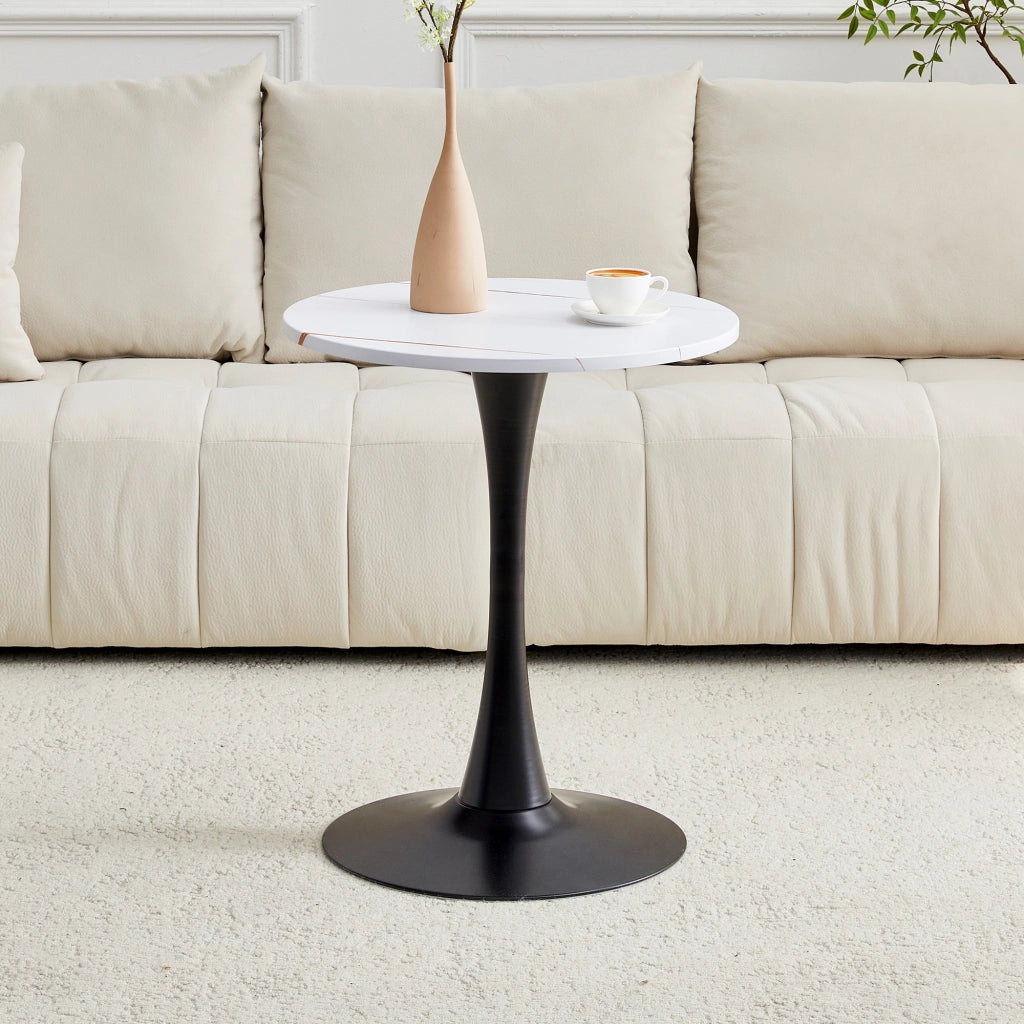 Tavolo da pranzo rotondo in MDF e metallo con piano termoformato, stile mid-century, bianco e nero