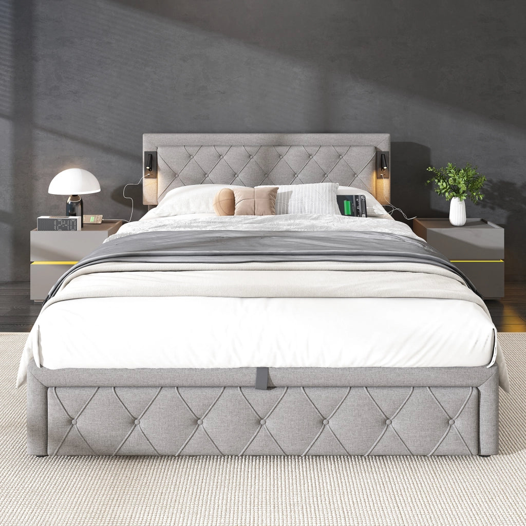 Letto Contenitore; Letto Matrimoniale con LED; USB e rete a doghe; in Lino Grigio