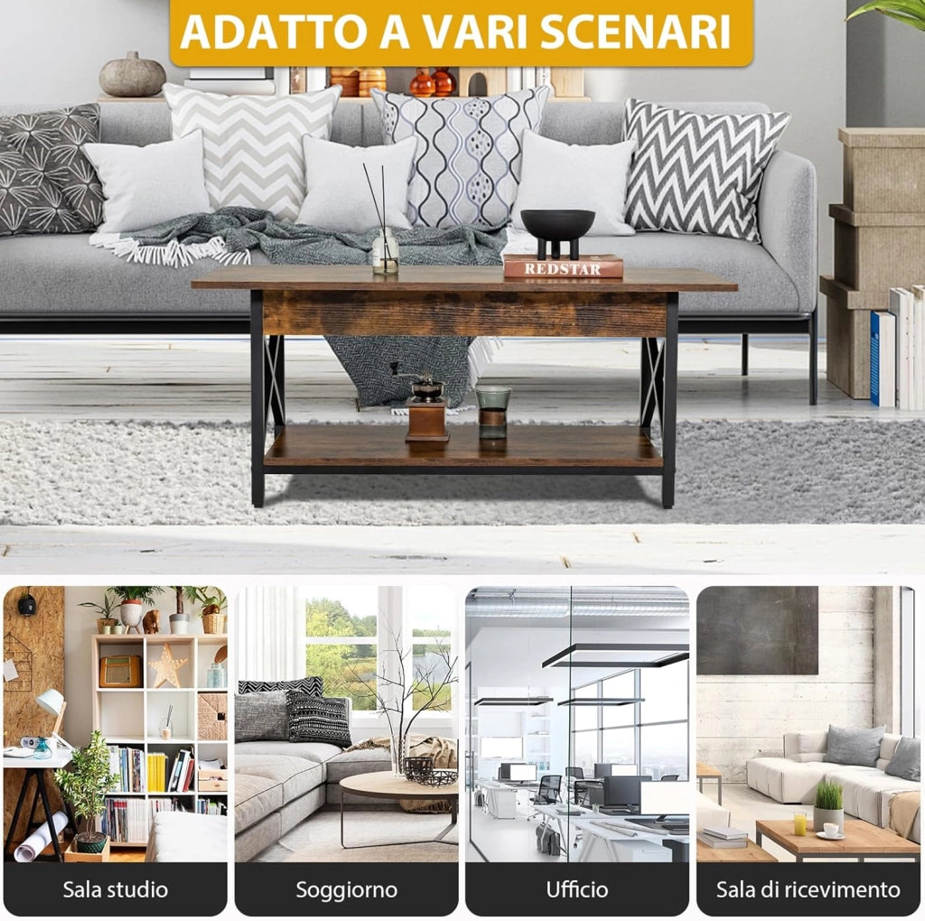 Tavolino da Salotto 2 Livelli, Tavolino da caffè Industriale con Struttura in Metallo a Forma di X, Tavolino Rettangolare per Soggiorno, Studio e Ufficio, 60 x 110 x 48 cm (Marrone)