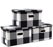 Contenitore opvolutore con coperchio [3-pack] tessuto contenitore opvolutore organizzatore contenitore cubo con coperchio per casa griglia a scacchi nero-bianco (38 x 25 x 25)