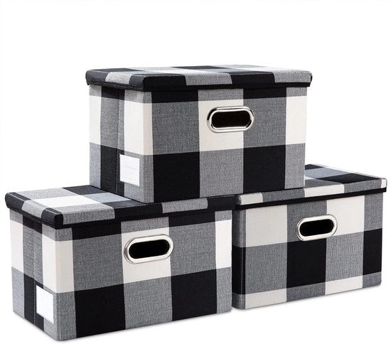 Contenitore opvolutore con coperchio [3-pack] tessuto contenitore opvolutore organizzatore contenitore cubo con coperchio per casa griglia a scacchi nero-bianco (38 x 25 x 25)