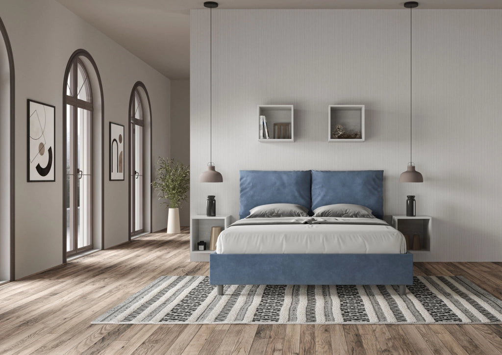 BS COM Letto queen size con rete imbottito 150x200 microfibra blu
