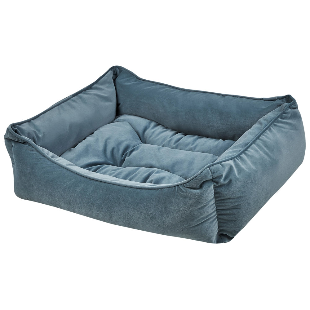 Cuccia lettino in velluto blu per animali domestici di forma rettangolare con lati rialzati per interni