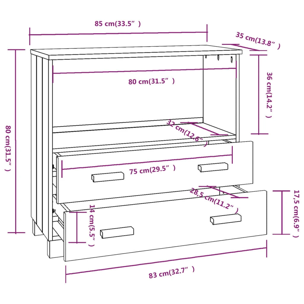 Buffet credenza cassettiera armadio mobile contenitore organizer per cucina soggiorno salotto 85 x 35 x 80 cm legno massello di pino marrone 02_0032180