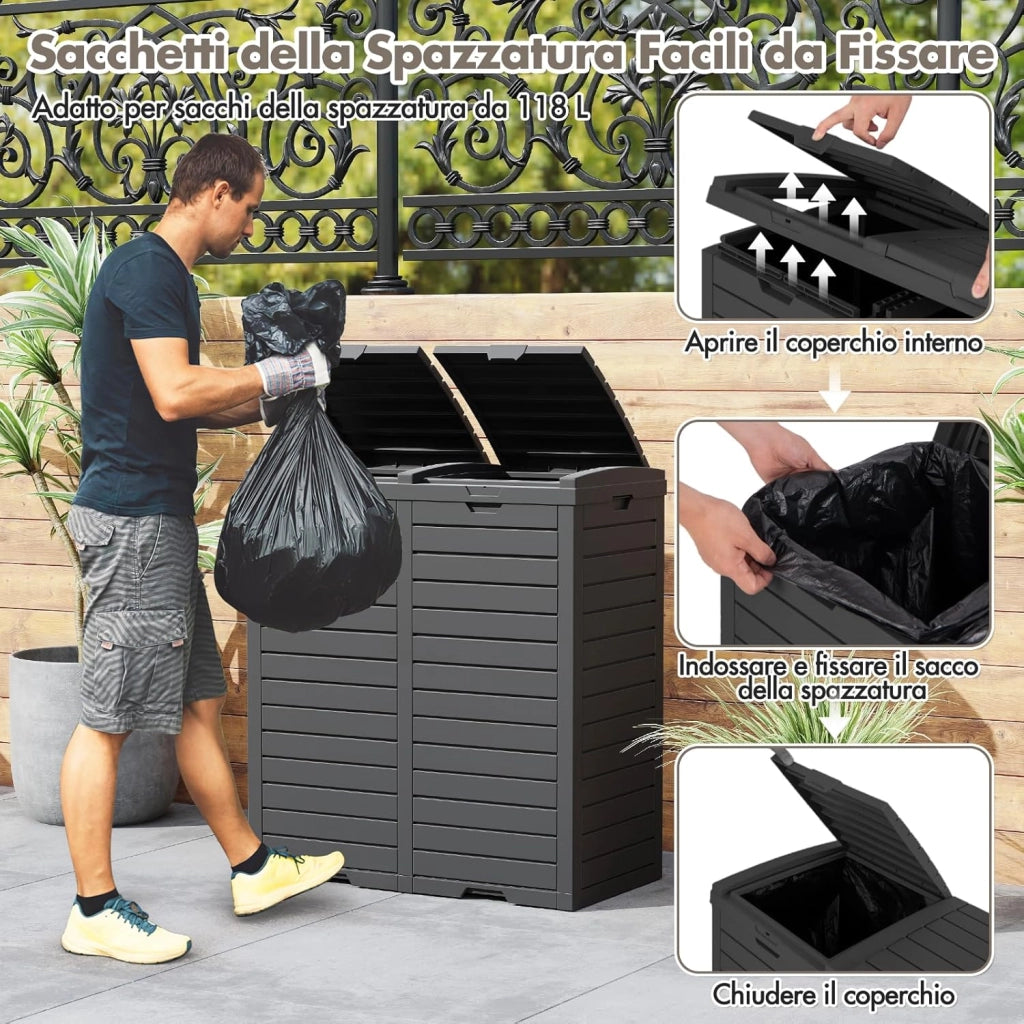 Pattumiera per Rifiuti Esterno e Interno 235 L, Contenitore per Raccolta Differenziata a Doppio Secchio Impermeabile con Coperchio, Vassoio e Maniglia, Bidone per Terrazza e Cucina (Nero)