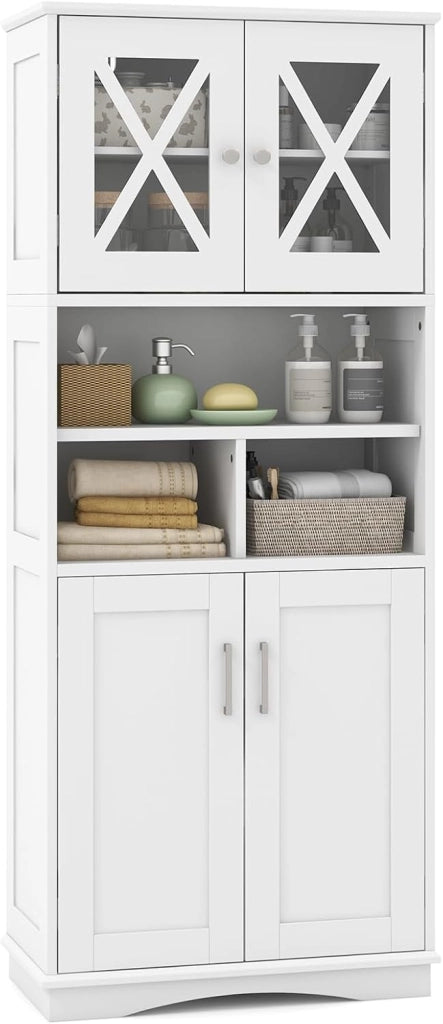 Mobile Bagno, Armadietto Salvaspazio con Porte in Acrilico, Ripiani Regolabili e Ampio Scomparto, Armadio da Terra in Legno per Soggiorno, Camera da Letto, Salotto e Cucina (Bianco)