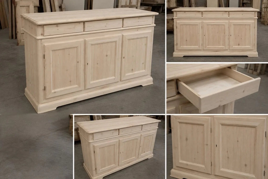 Credenza 3 porte 3 cassetti legno grezzo 180x48x100 (3074) - Mobili 2G