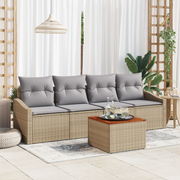 Set Divano da Giardino 5 Pezzi con Cuscini Beige Polyrattan Acacia