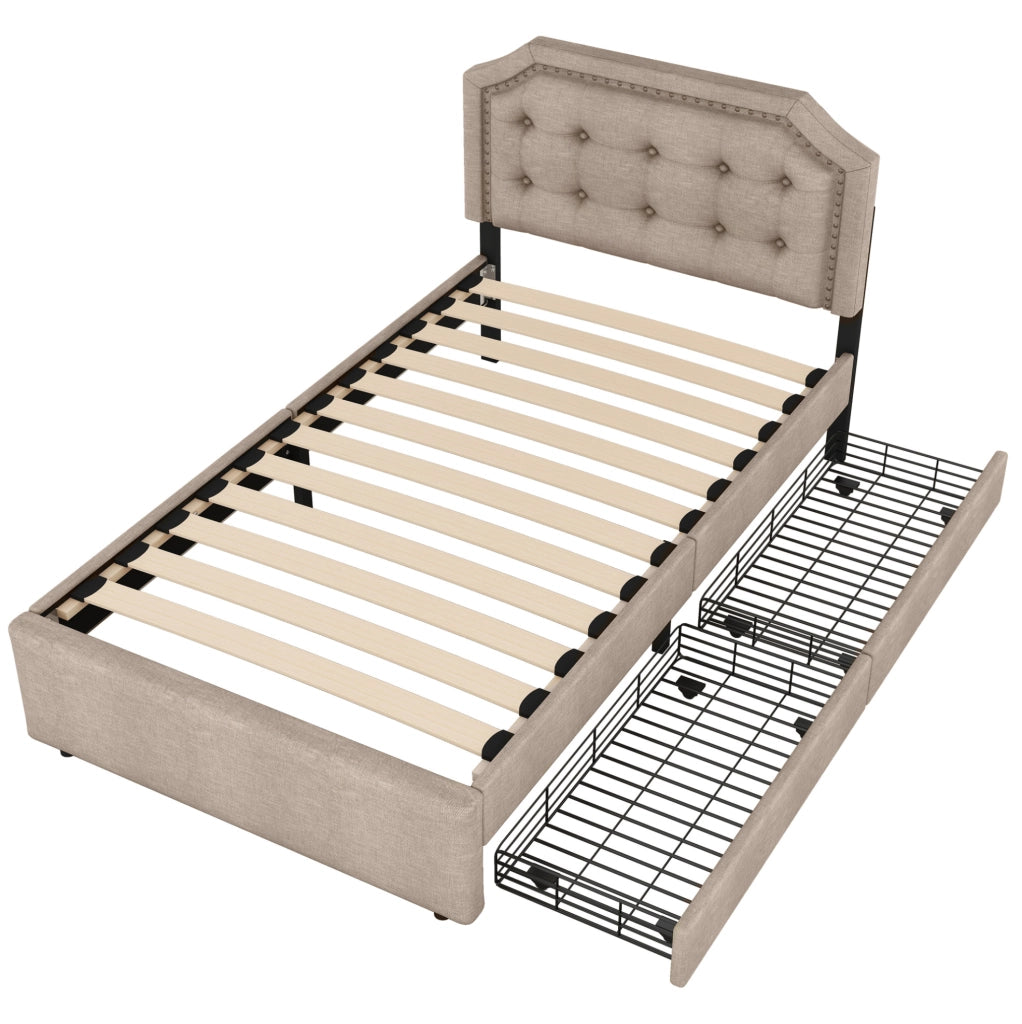 LETTO Imbottito 90x200 cm Beige Scuro con 2 Cassetti