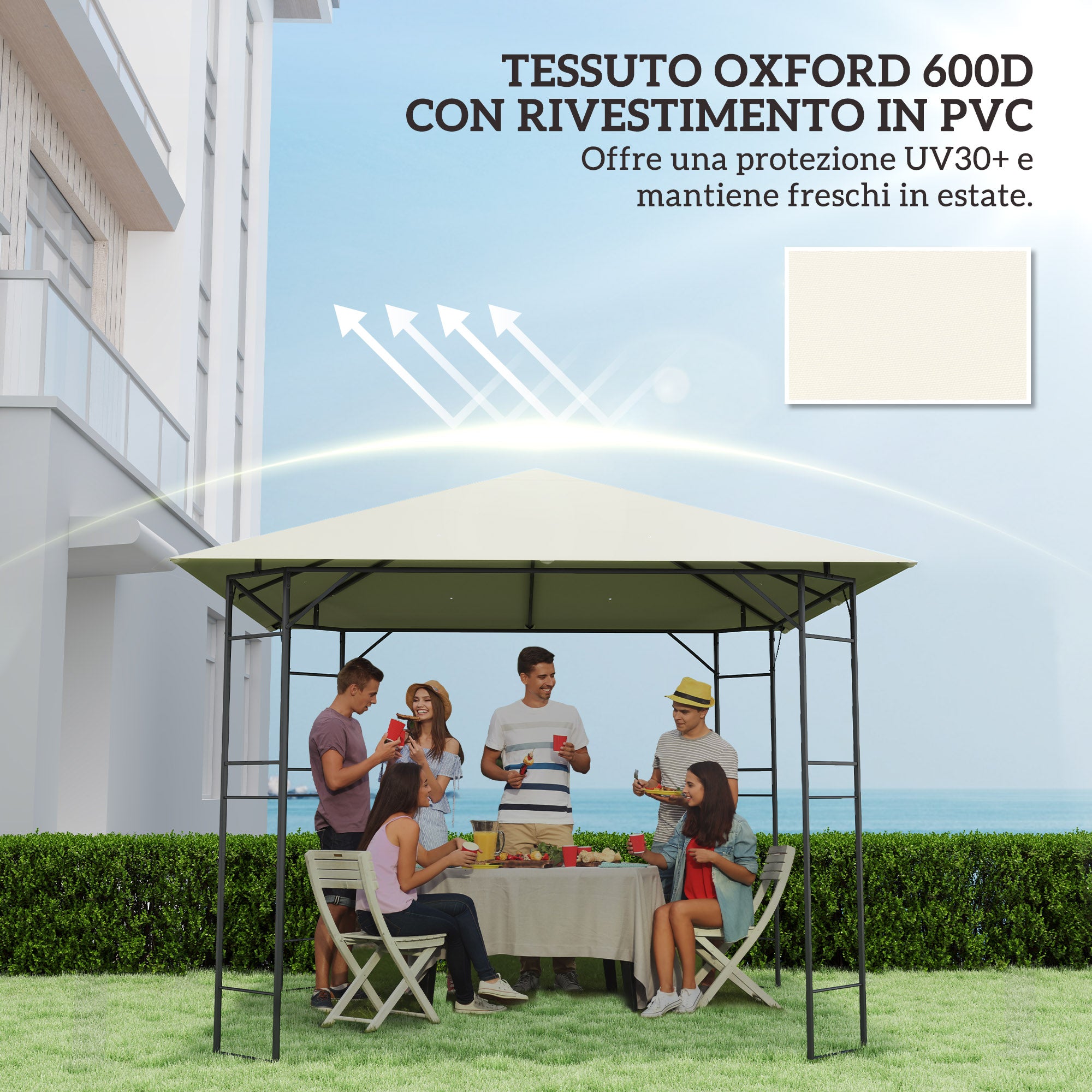 Copertura per Gazebo Pergola 298x298 cm con 8 Fori di Drenaggio in Tessuto Oxford 600D Bianco Crema