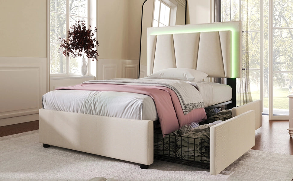 DESMIU Lit singolo 90 × 200 cm con LED, 2 cassetti, testiera regolabile e materasso, beige