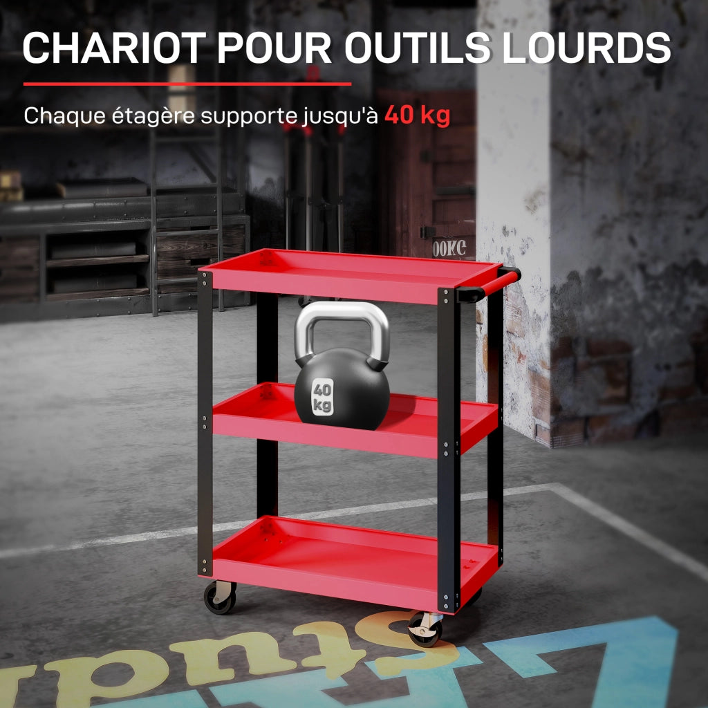 Carrello da lavoro a 3 livelli con rotelle bloccabili ¨C zephmum ¨C rosso 70.5x35x82.5 cm