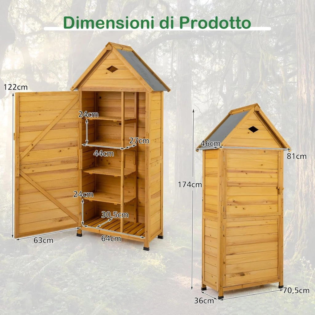 Armadio da Esterno in Legno, Casetta da Esterno con Ante, Ripiani Rimovibili, Serrature e Tetto Inclinato, Armadietto Versatile da Giardino, Balcone e Cortile (81 x 46 x 174 cm)
