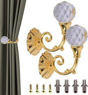 Sostegno a parete metallico a doppia testa con pendo cristallino e gancio a vite Raff per decorazione di tende (oro)