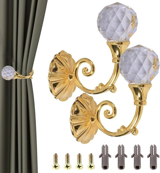 Sostegno a parete metallico a doppia testa con pendo cristallino e gancio a vite Raff per decorazione di tende (oro)