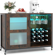 Mobile Bar per Vino con Luce LED, Credenza Buffet da Cucina con Ruote, Ripiani Regolabili, Supporti per Bicchieri e Bottiglie, per Sala da Pranzo e Soggiorno, 108 × 40 × 81 cm