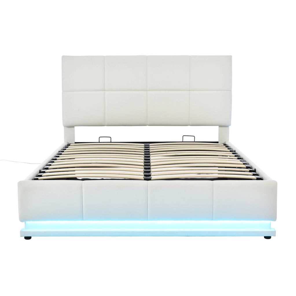 Letto imbottito 140x200 cm con LED e contenitore idraulico in MDF; metallo e pelle