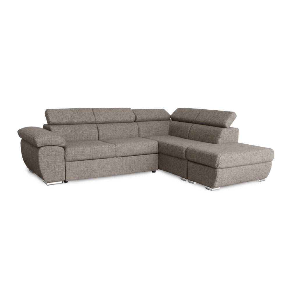 Divano Letto Angolare Fiona con Penisola Destra e Pouf Contenitore – Tortora