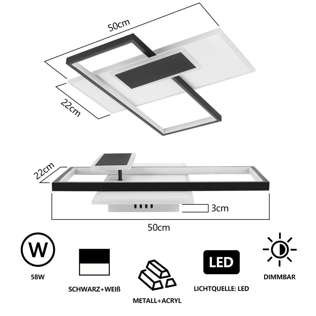 ZMH Lampada da soffitto LED 62W nera dimmerabile con telecomando 2 faretti per soggiorno