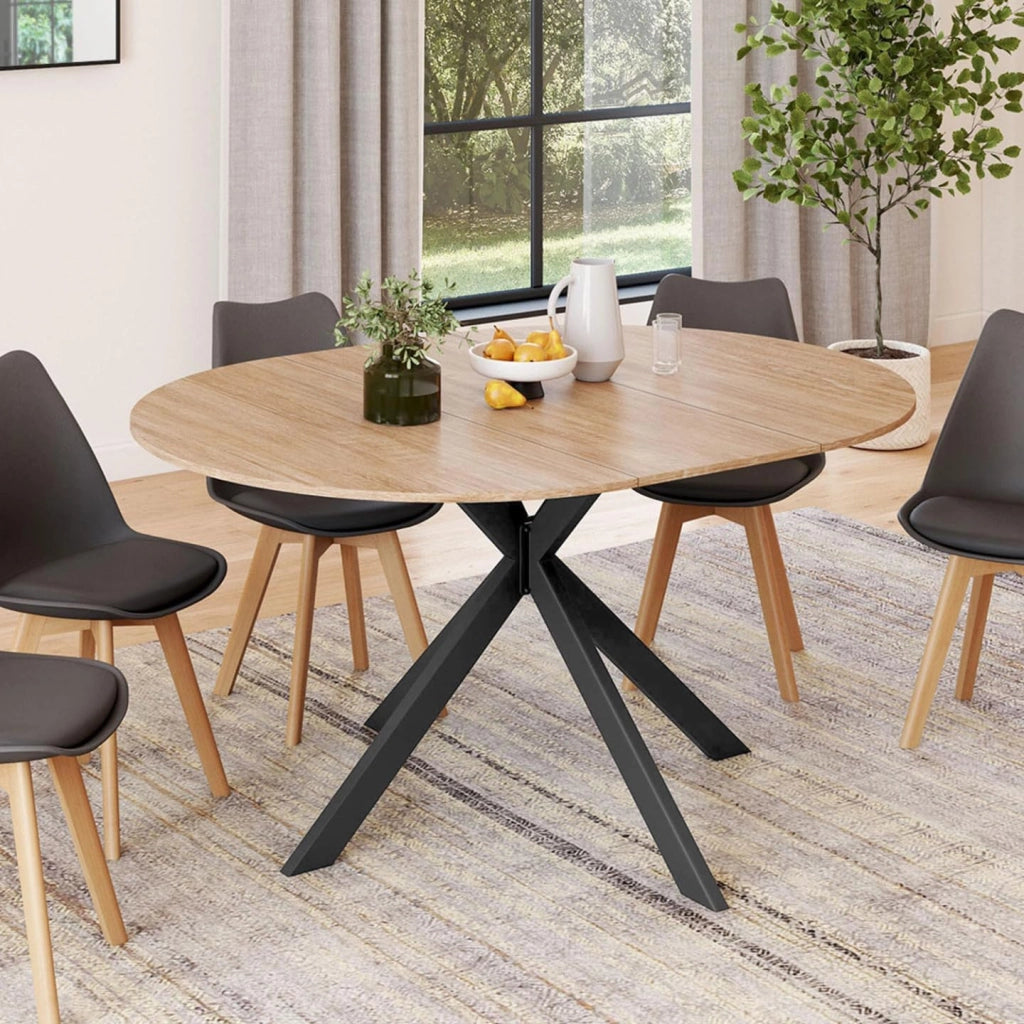Tavolo da pranzo allungabile ALIX, rotondo, 4-8 persone, nero e gambe a zampa di spagnola in legno 110-150 cm