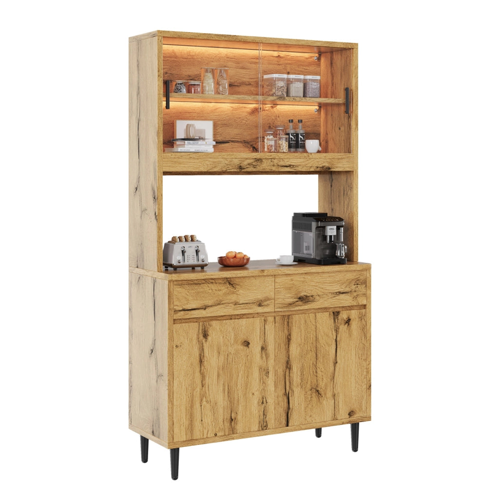 Mobile buffet con illuminazione LED, prese integrate USB-C e USB-A, 100x40x185 cm, colore quercia