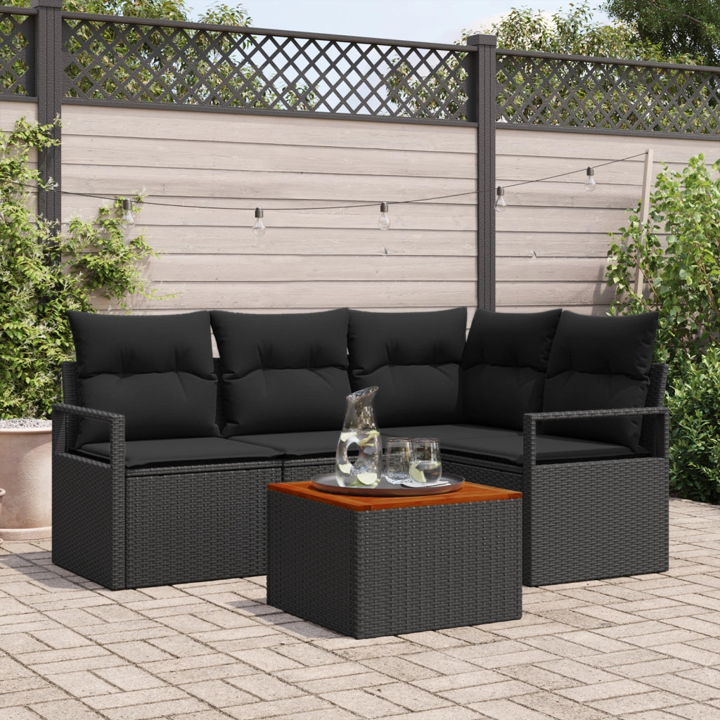 Set di divani da giardino  5 pezzi con cuscini Nero Polirattan Acacia