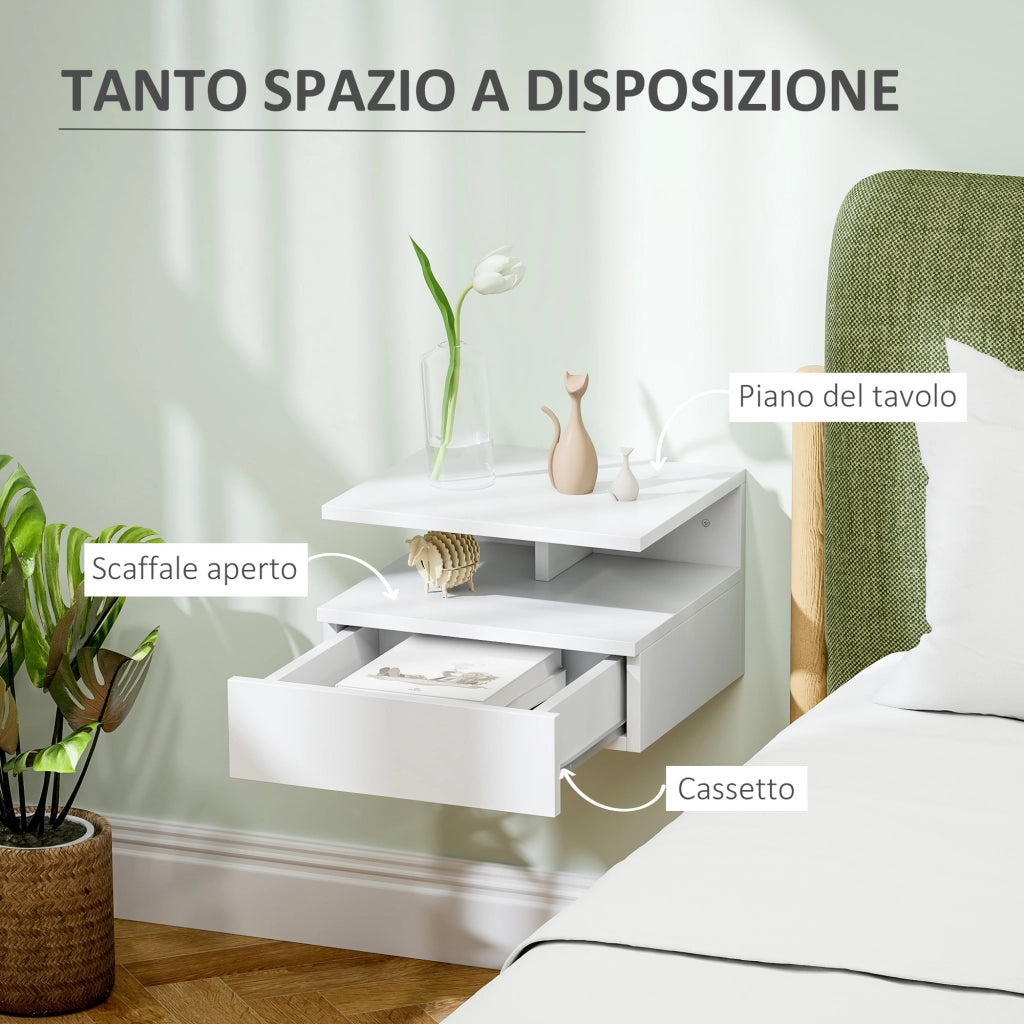 Comodino Sospeso per Camera da Letto con Cassetto e Mensola in Legno, 35x32x22.5cm, Bianco