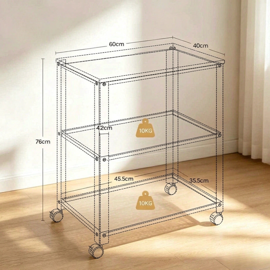 Scaffale con ripiani e ruote per cucina, metallo e legno, bianco e rovere chiaro 60×40×76 cm