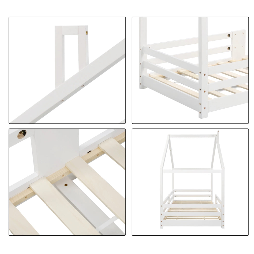 Letto a Casetta Letto Singolo con Sponde; 90×200 cm; Letto per Bambini in Legno Massello; senza Materasso; Bianco