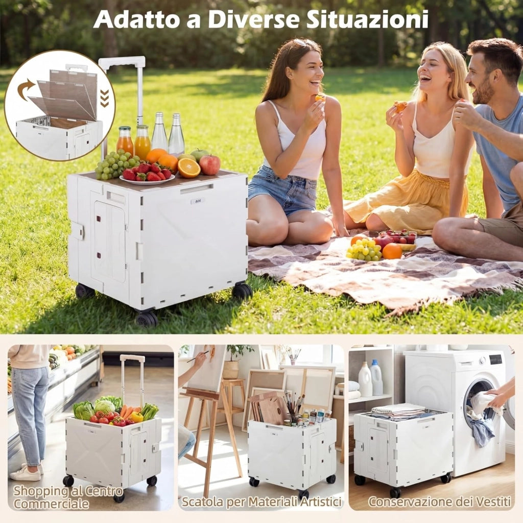 Carrello Spesa con 4 Ruote, 75 L, Carrellino Pieghevole con Manico Telescopico e Regolabile e Coperchio, Trolley Portatutto per Shopping, Campeggio, Picnic e Attrezzi