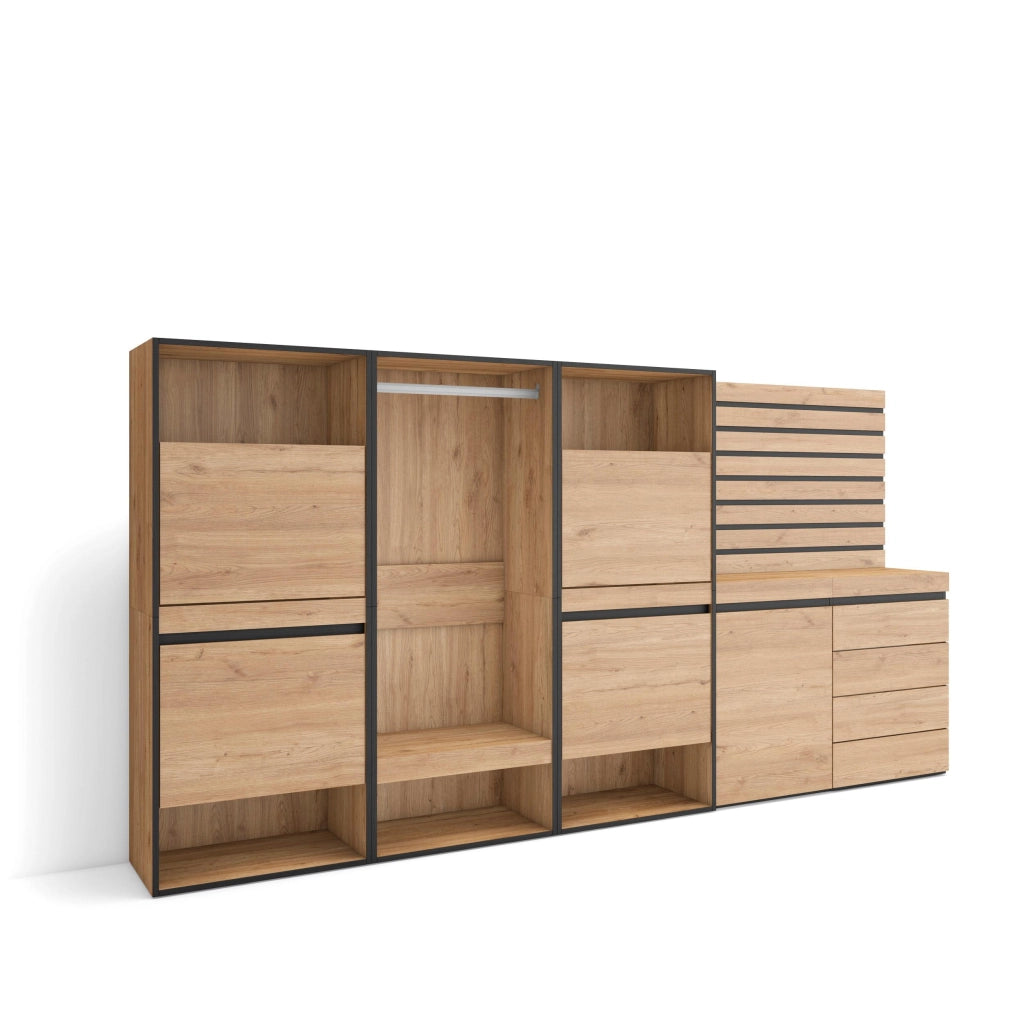 Scarpiera, 287x35x145cm, Camera da letto, Armadio Aperto, Cassettiera, Pannelli Decorativi, colore Rovere RF3546