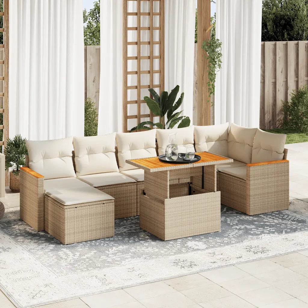 Set Divano da Giardino 8 pz con Cuscini Beige Polyrattan Acacia