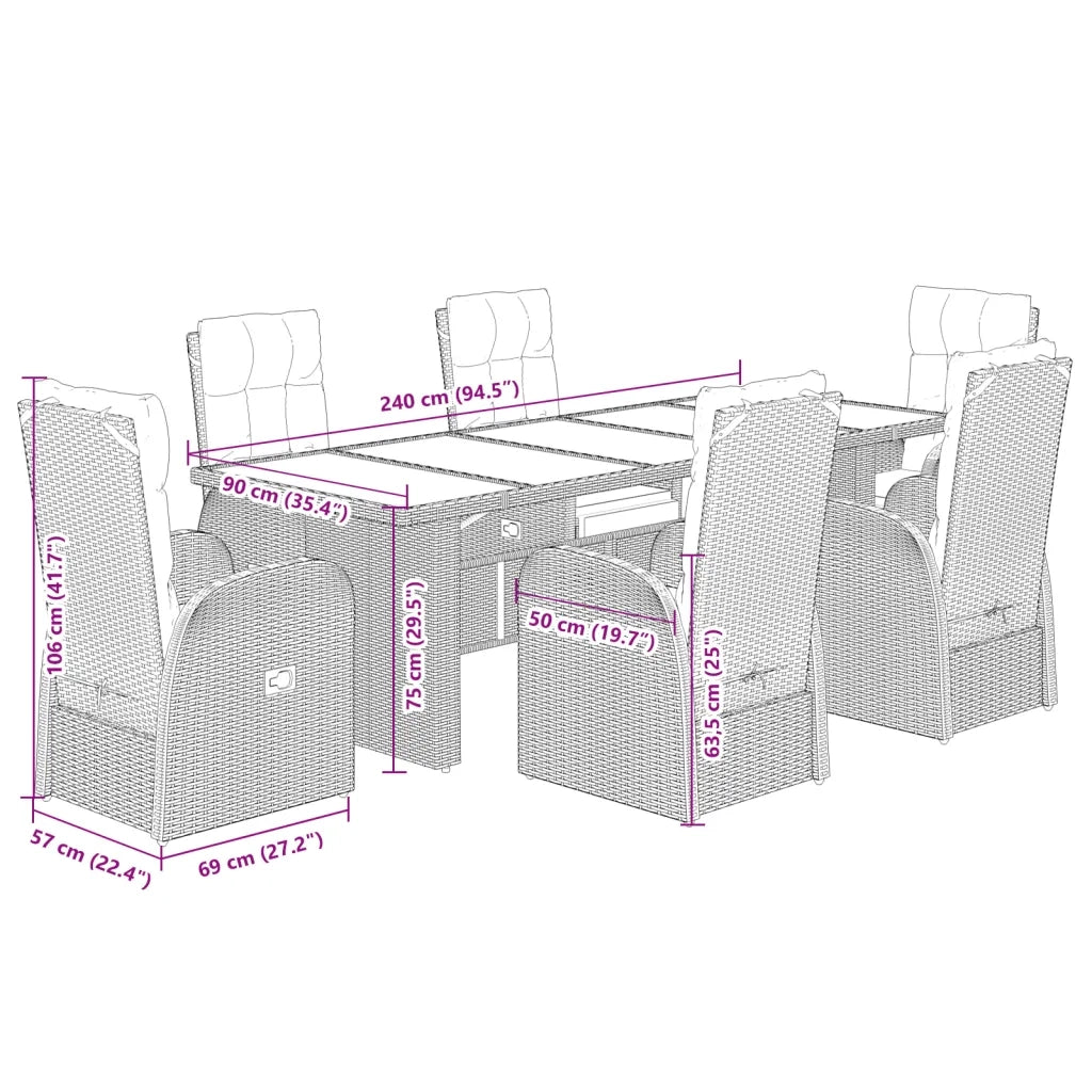 Set da Pranzo da Giardino 7 pz Nero con Cuscini in Polyrattan