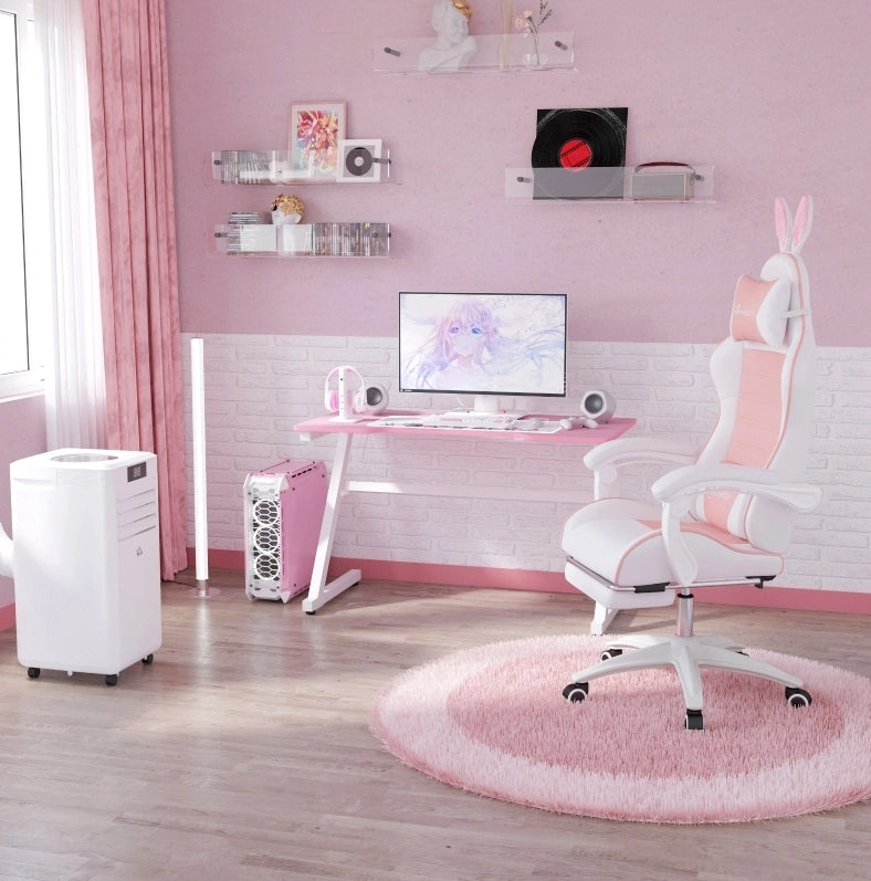 Sedia da gaming rosa con poggiapiedi e supporto lombare