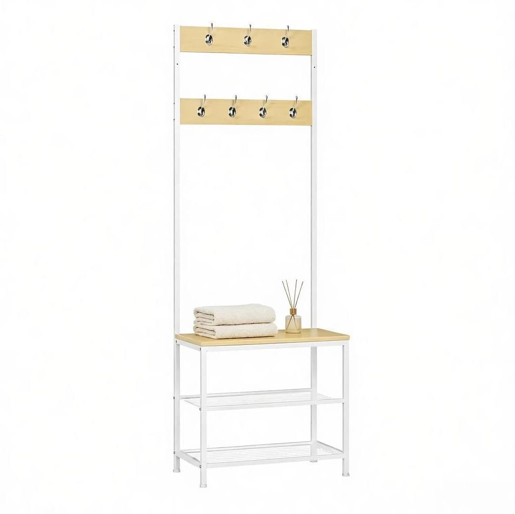 Appendiabiti da ingresso 3 in 1 con scarpiera; panca e 7 ganci; bianco